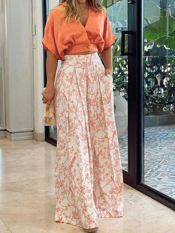 Kiara | Ensemble de Deux Pièces Tendance Imprimé Floral avec Pantalon à Jambes Larges-3