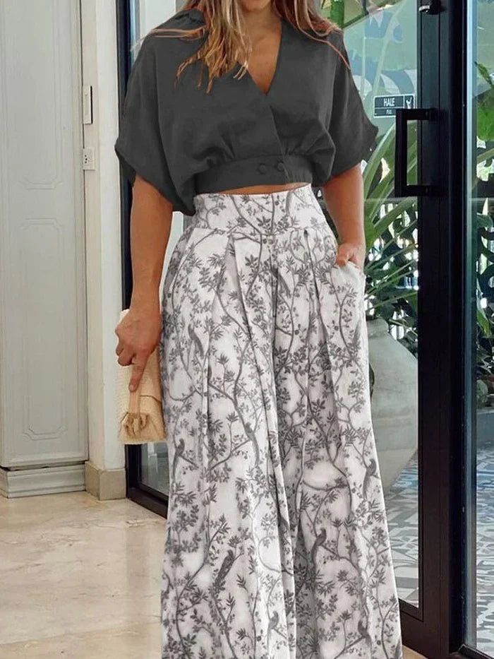 Variant image for Kiara | Ensemble de Deux Pièces Tendance Imprimé Floral avec Pantalon à Jambes Larges-19