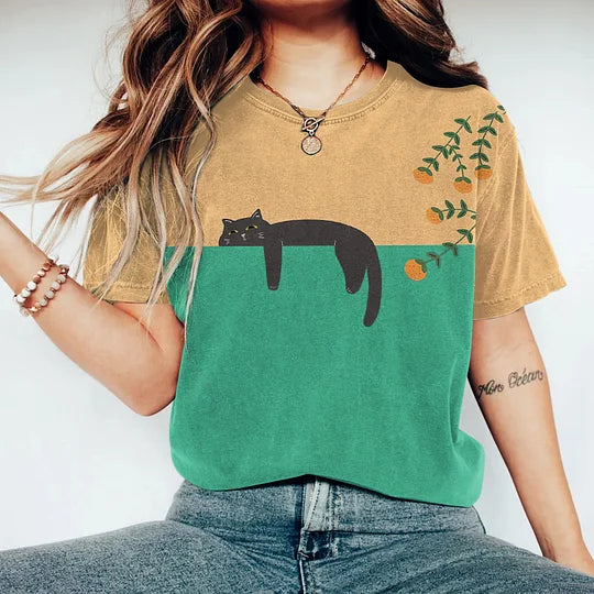 T-Shirt Bicolore Vespera – Coton Doux, Design Unique Chat-4