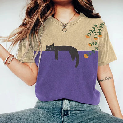T-Shirt Bicolore Vespera – Coton Doux, Design Unique Chat-2