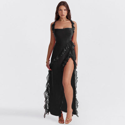 Variant image for Luna | Robe Longue Femme à Volants Prune avec Fente de Cuise pour Été-16