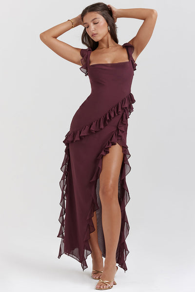 Luna | Robe Longue Femme à Volants Prune avec Fente de Cuise pour Été-2