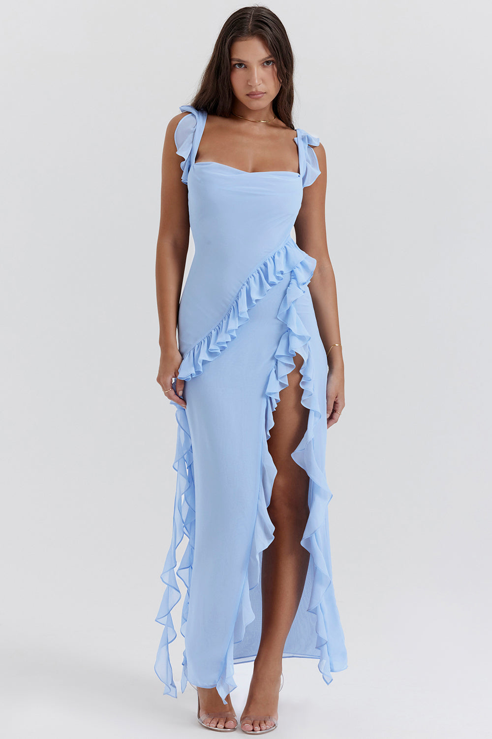 Variant image for Luna | Robe Longue Femme à Volants Prune avec Fente de Cuise pour Été-6