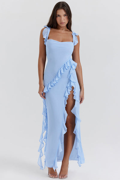 Variant image for Luna | Robe Longue Femme à Volants Prune avec Fente de Cuise pour Été-6