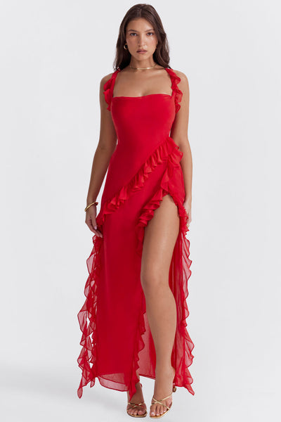 Variant image for Luna | Robe Longue Femme à Volants Prune avec Fente de Cuise pour Été-11