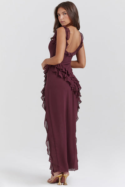 Luna | Robe Longue Femme à Volants Prune avec Fente de Cuise pour Été-3