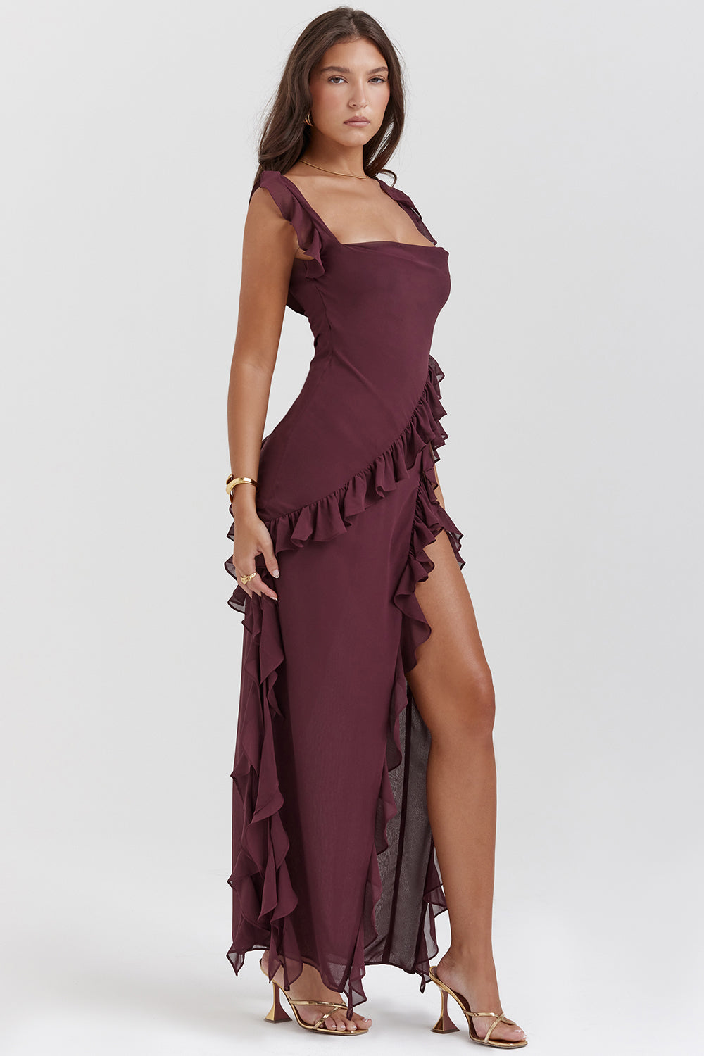 Variant image for Luna | Robe Longue Femme à Volants Prune avec Fente de Cuise pour Été-1