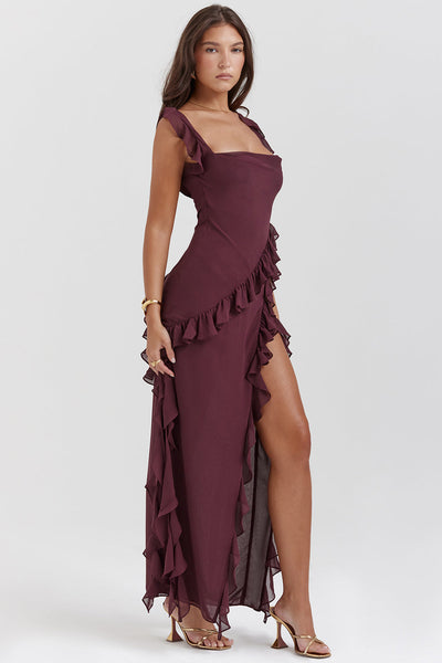 Luna | Robe Longue Femme à Volants Prune avec Fente de Cuise pour Été-1