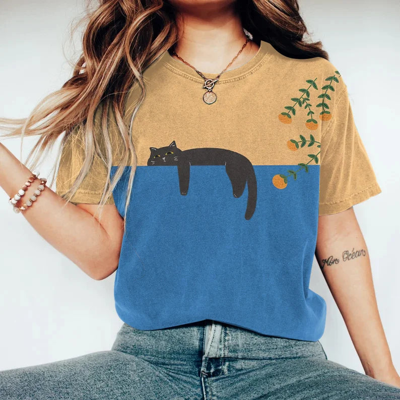 T-Shirt Bicolore Vespera – Coton Doux, Design Unique Chat-1